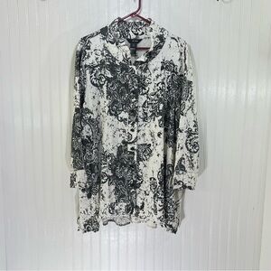 Ali Miles Plus Size 1X Tunic Blouse Ivory Black Floral Paisley Crinkle Crepe